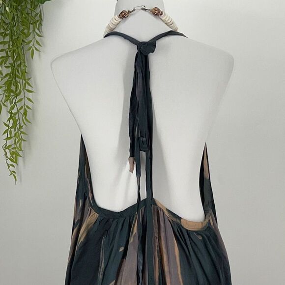 Kahakai ~ Teal Blue Purple Gray Tan Scoop Neck Plunge Back Overall Romper - Picture 11 of 15